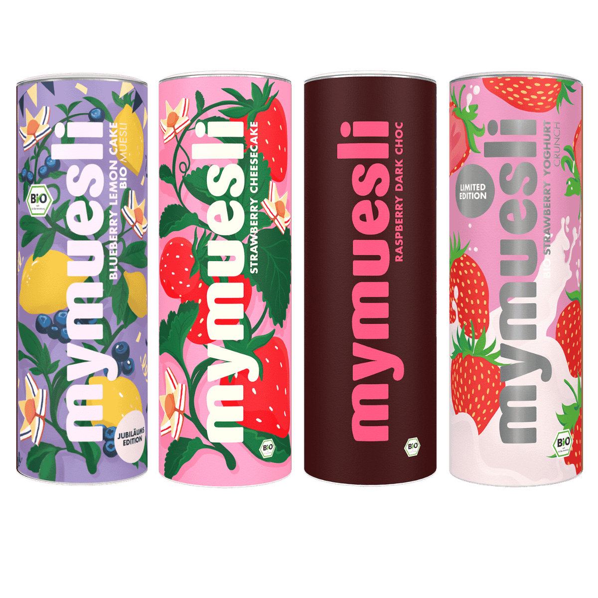 Vier mymuesli -Dosen mit verschiedenen Frucht-Designs (Zitrone, Himbeere, Schokolade, Erdbeere) stehen in einer Reihe auf grünem Hintergrund.