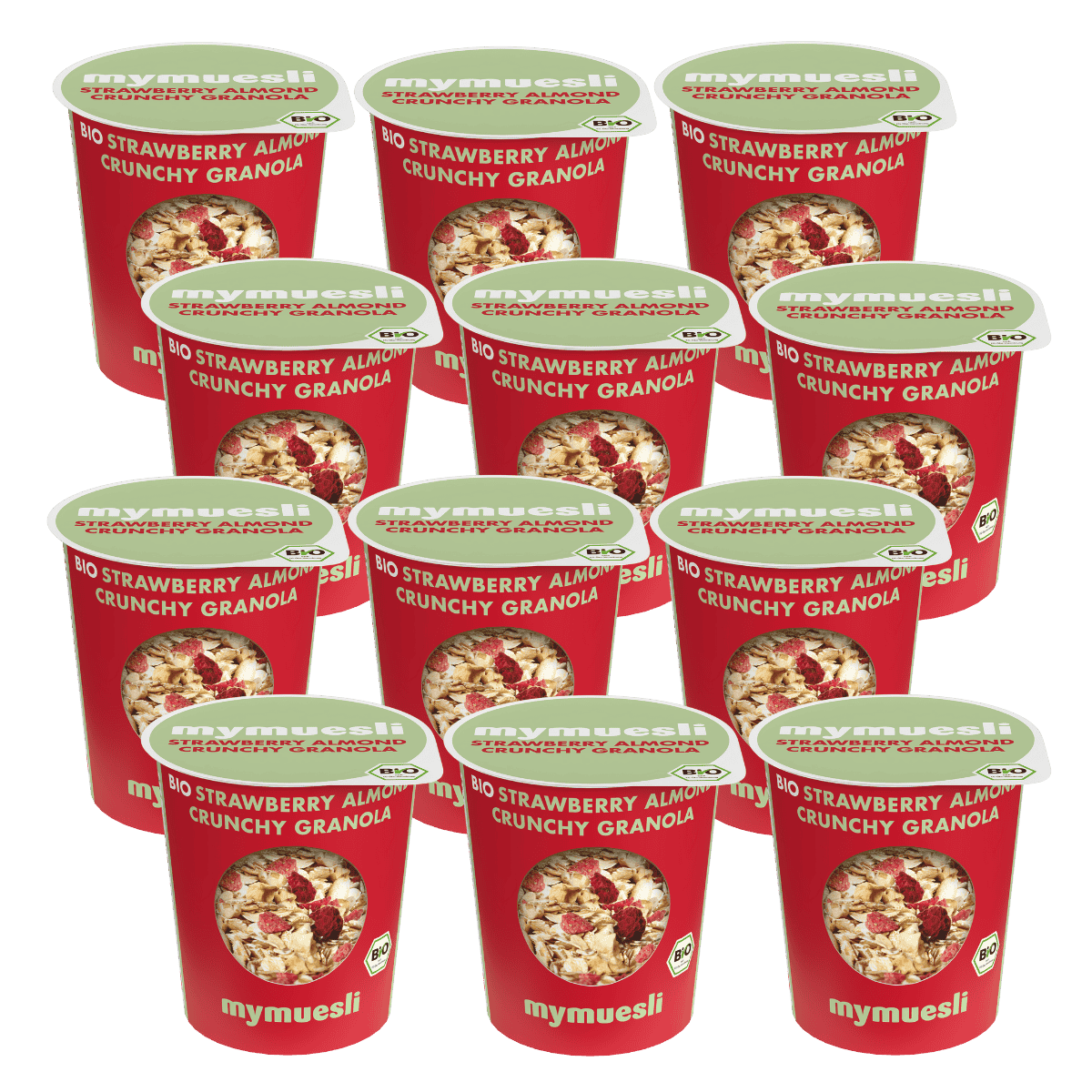 12er Pack Portionsbecher mymuesli Dose Strawberry Almond Crunchy Granola mit Erdbeeren und Mandeln.