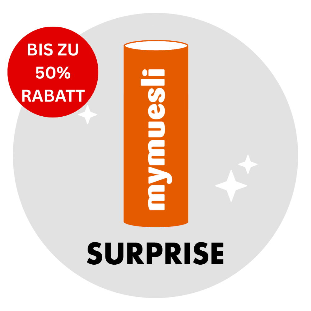 Eine runde Grafik mit einer orangefarbenen mymuesli -Dose, der Aufschrift „SURPRISE“ und einem roten Button mit „BIS ZU 50% RABATT!“.