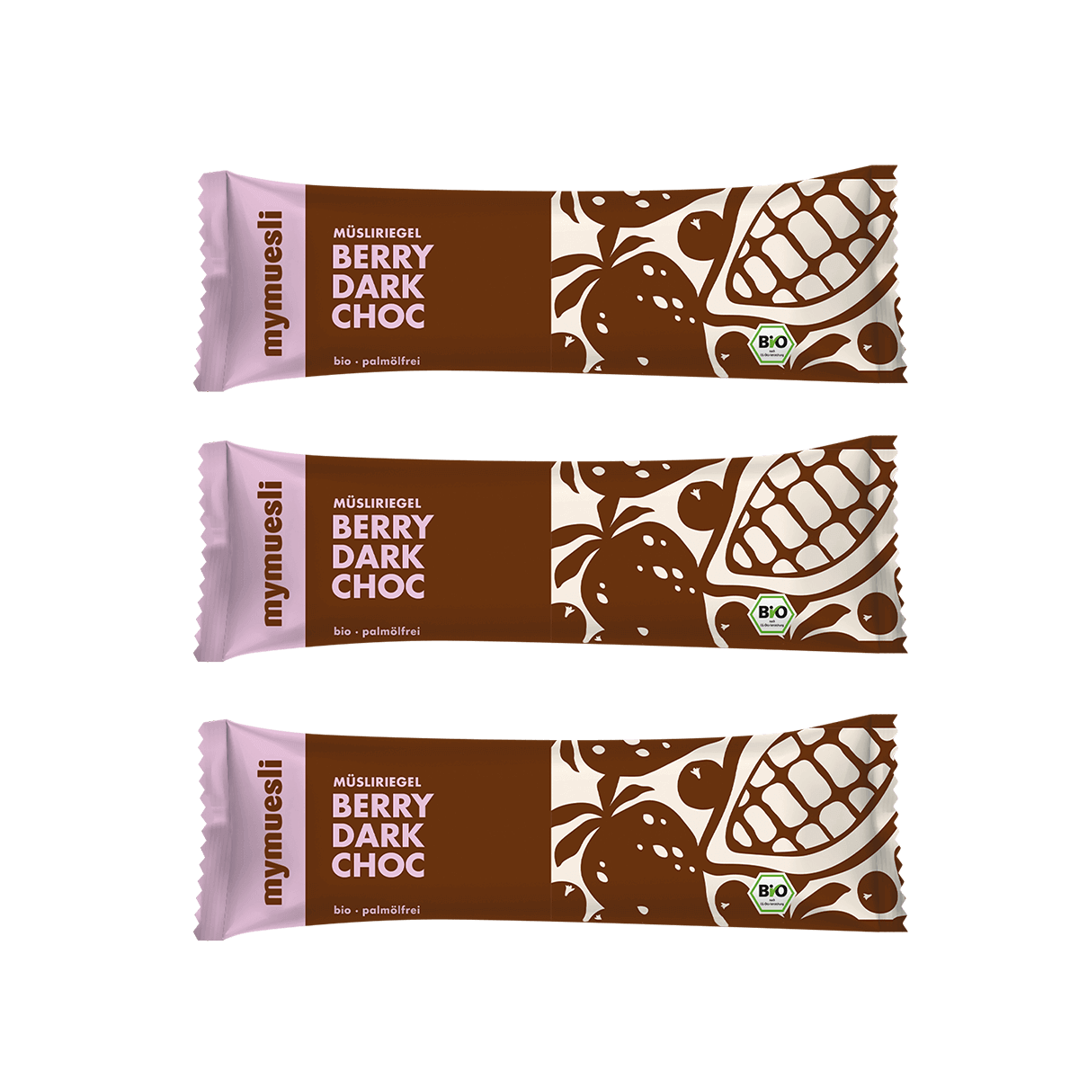 mymuesli Müsliriegel Berry Dark Choc mit dunkler Schokolade und roten Beeren.