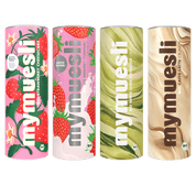 mymuesli bio müsli dosen in den Sorten Strawberry cheesecake, strawberry yoghurt crunch, white choc pistachio crunch und caffè latte crunch.