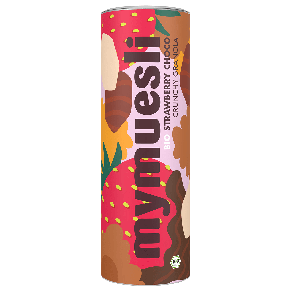 Eine mymuesli -Dose mit einem abstrakten Erdbeer- und Schokoladen-Muster auf schwarzem Hintergrund.