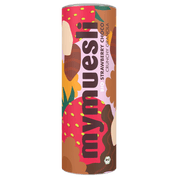 Eine mymuesli -Dose mit einem abstrakten Erdbeer- und Schokoladen-Muster auf schwarzem Hintergrund.