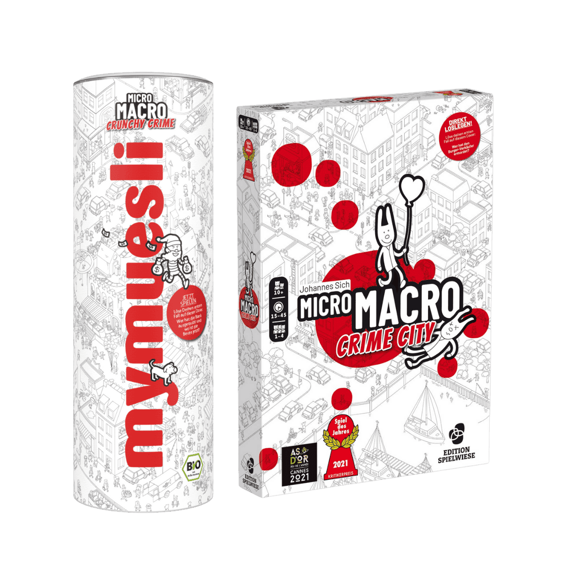 Crunchy Crime Classic Paket bestehend aus mymuesli Crunchy Crime Schoko Müsli und Micro Macro Crime City Spiel.