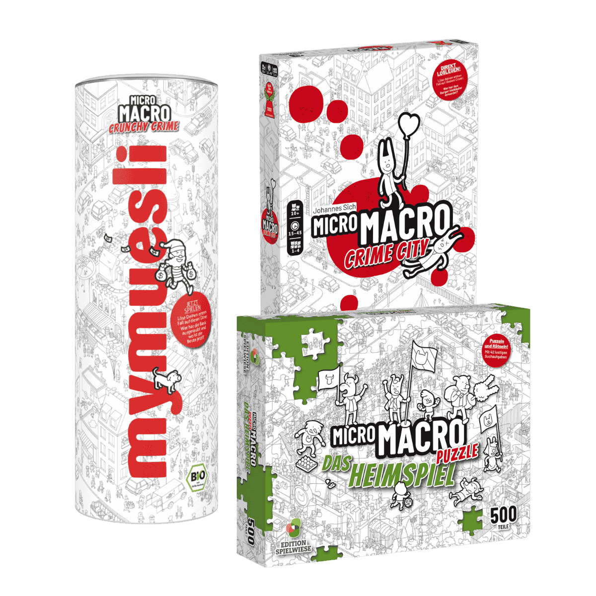 Crunchy Crime Fan Paket bestehend aus mymuesli Crunchy Crime Schoko Müsli, Micro Macro Crime City und Puzzle