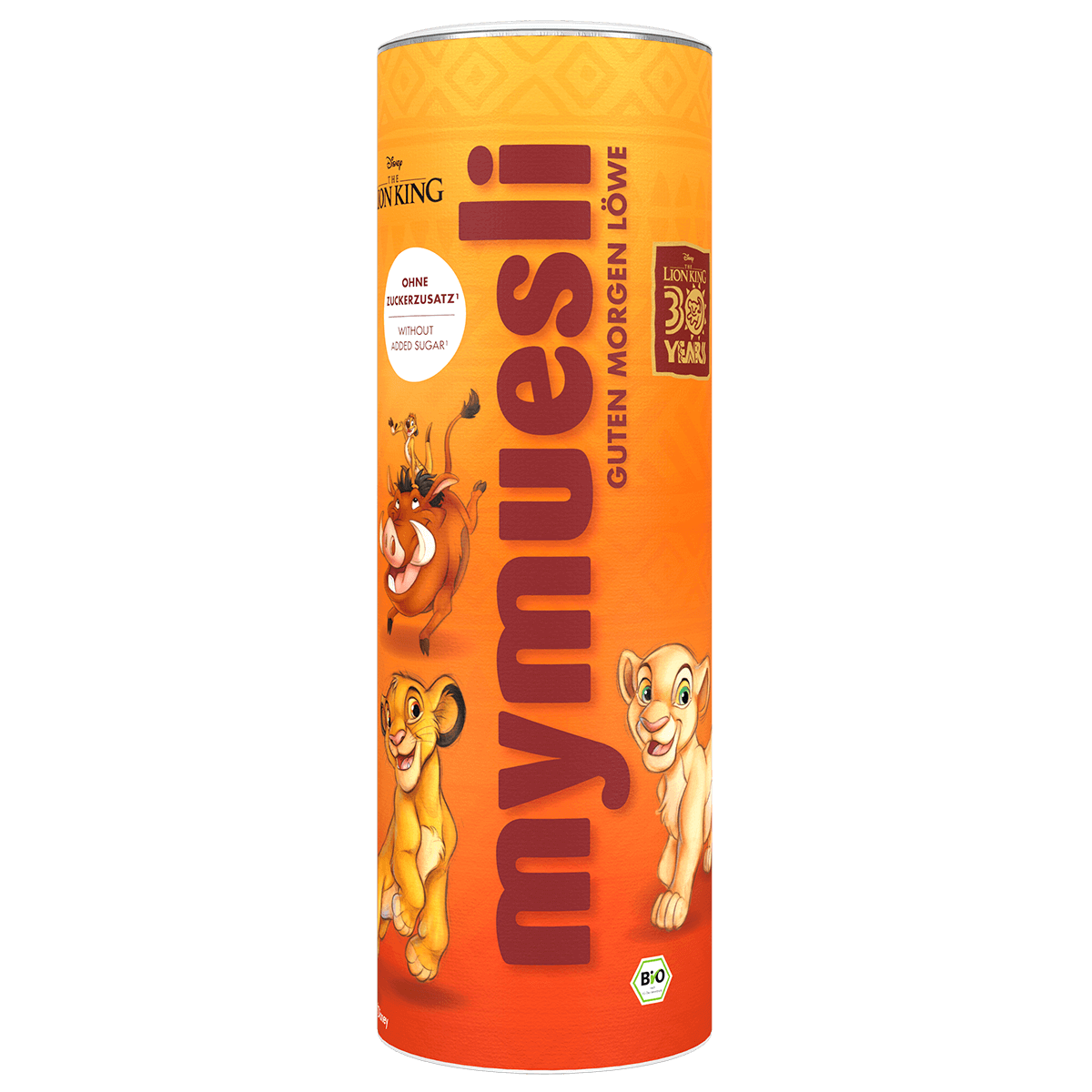 Eine gelbe mymuesli -Dose mit dem Motiv "Der König der Löwen" (Simba), vertikal ausgerichtet auf schwarzem Hintergrund.