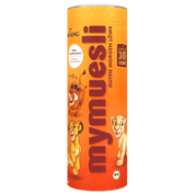 Eine gelbe mymuesli -Dose mit dem Motiv "Der König der Löwen" (Simba), vertikal ausgerichtet auf schwarzem Hintergrund.