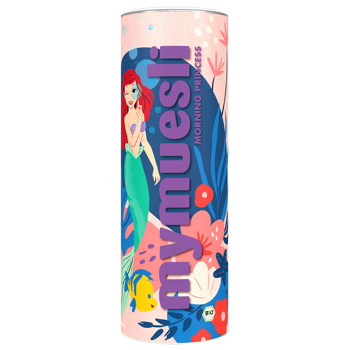 Eine hellblaue mymuesli -Dose mit einem Disney-Motiv (Arielle, die Meerjungfrau) und bunten Unterwasser-Illustrationen auf schwarzem Hintergrund.