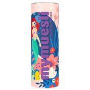 Eine hellblaue mymuesli -Dose mit einem Disney-Motiv (Arielle, die Meerjungfrau) und bunten Unterwasser-Illustrationen auf schwarzem Hintergrund.