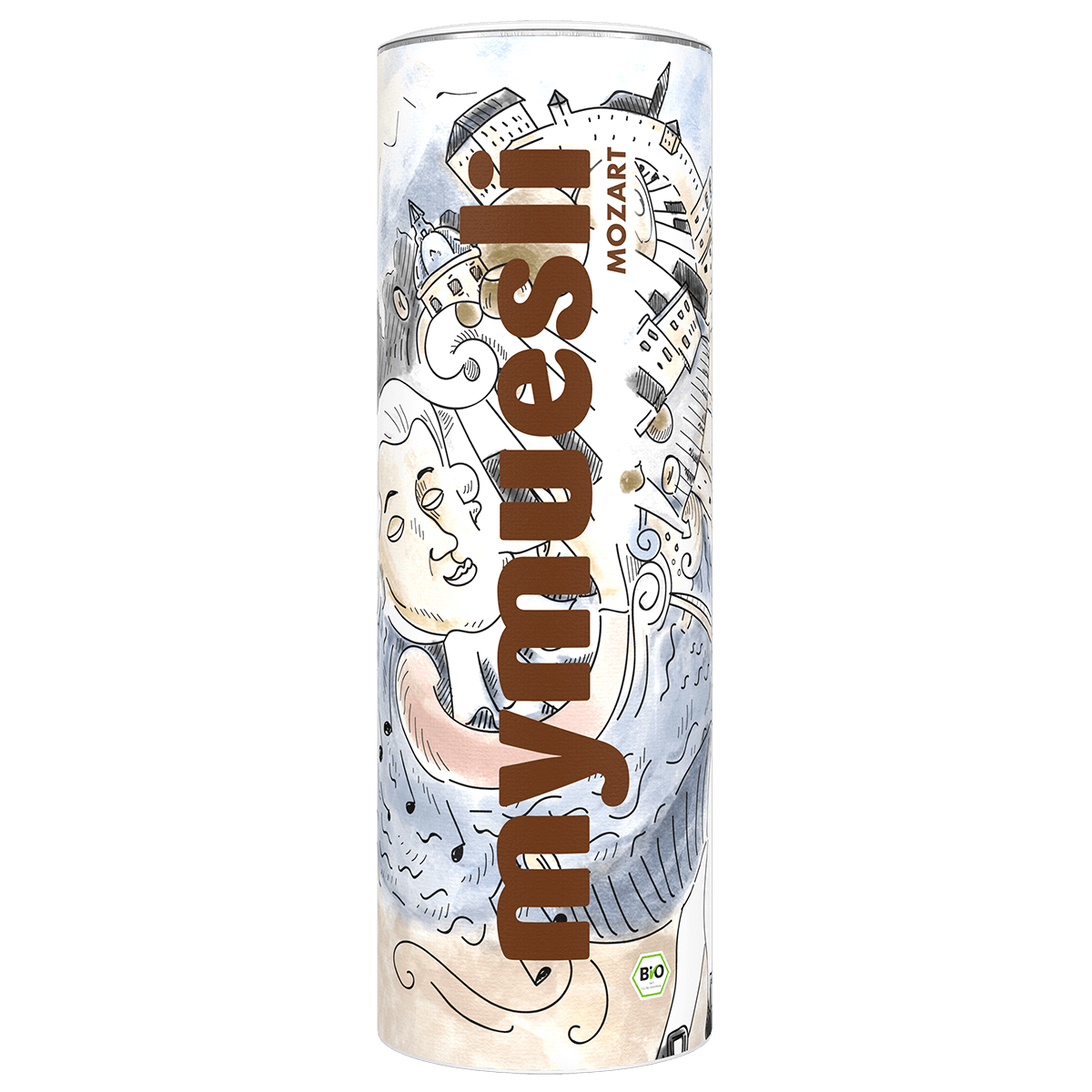 mymuesli Dose Mozart Müsli vor schwarzem Hintergrund.