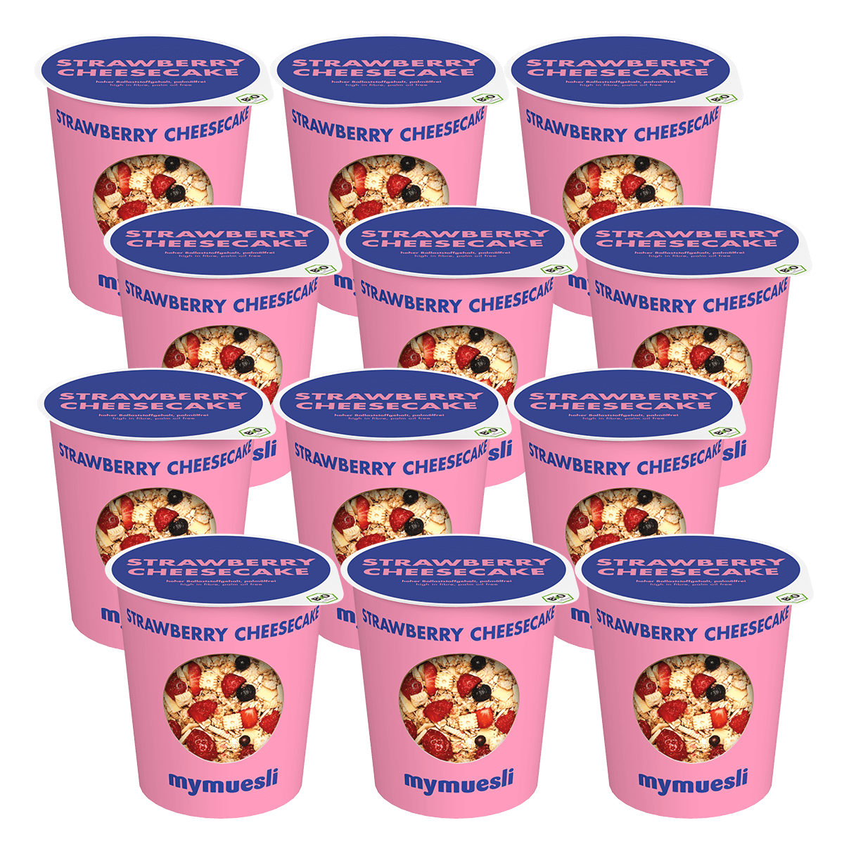 12er-Pack mymuesli Portionsbecher in der Sorte Strawberry Cheesecake.