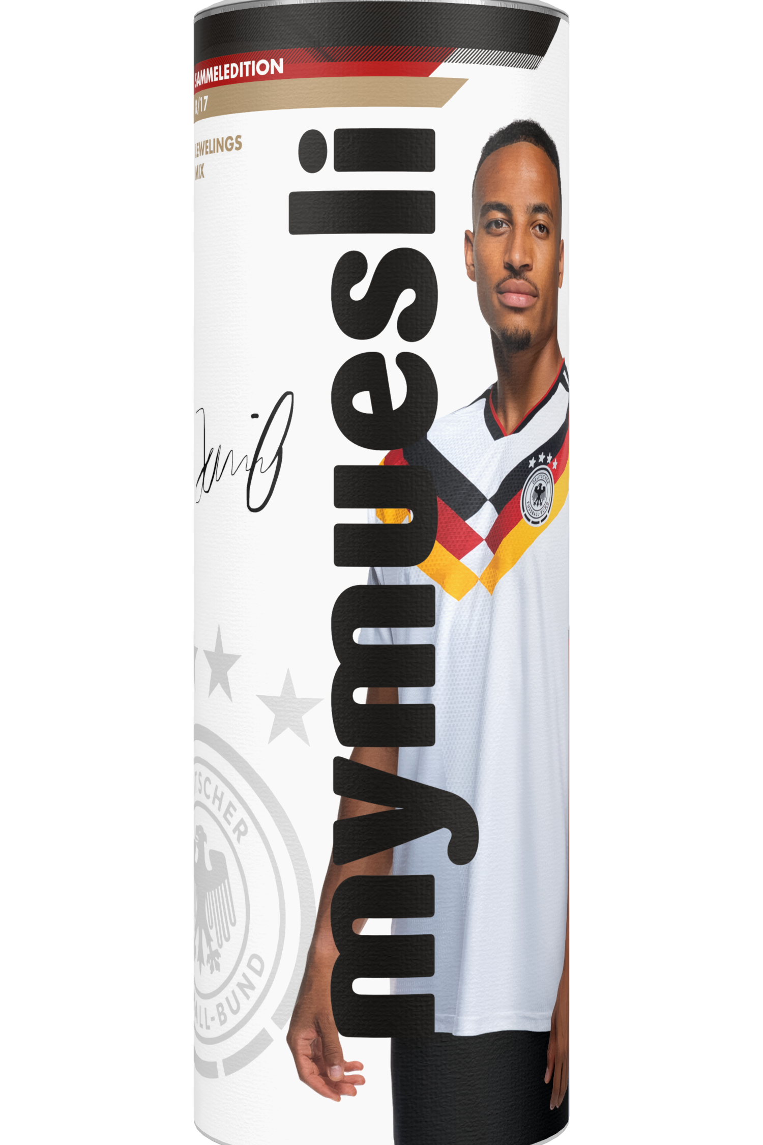 Weiße mymuesli -Dose mit Jamie Leweling im Deutschland-Trikot (Sonderedition) auf weißem Hintergrund.