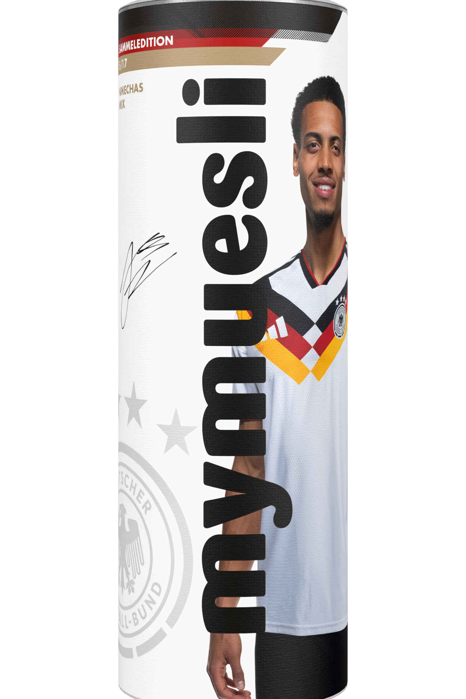 mymuesli -Spielermix von Felix Nmecha im Deutschland-Trikot (Sonderedition) auf weißem Hintergrund.
