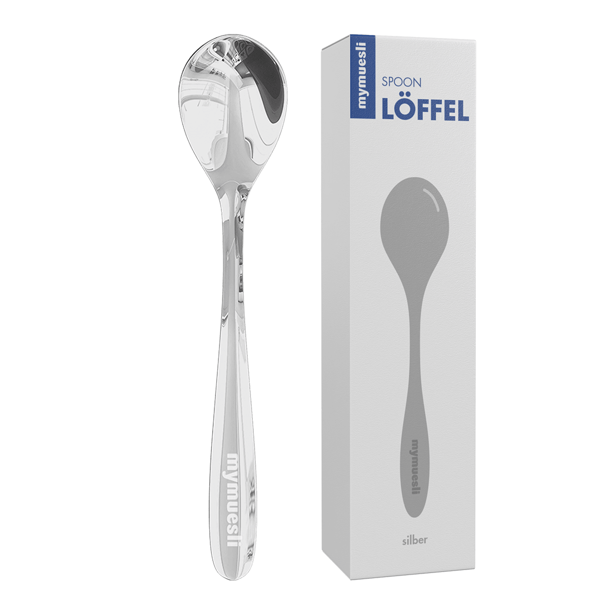Ein glänzender silberner mymuesli -Löffel neben seiner weißen Originalverpackung auf schwarzem Hintergrund.