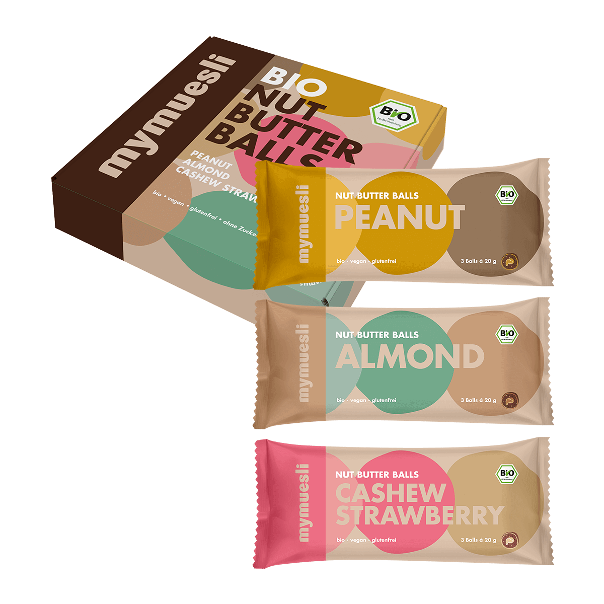 Eine Packung "Nut Butter Balls" neben drei einzeln verpackten Riegeln in den Sorten Peanut, Almond und Strawberry auf schwarzem Hintergrund.