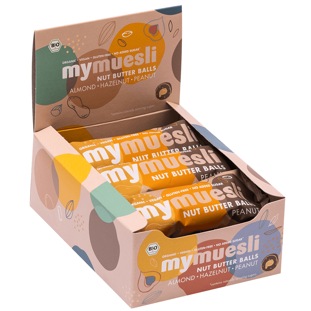 7er-Vorratspackung (Tray) der mymuesli Nut Butter Balls in der Sorte Erdnuss.