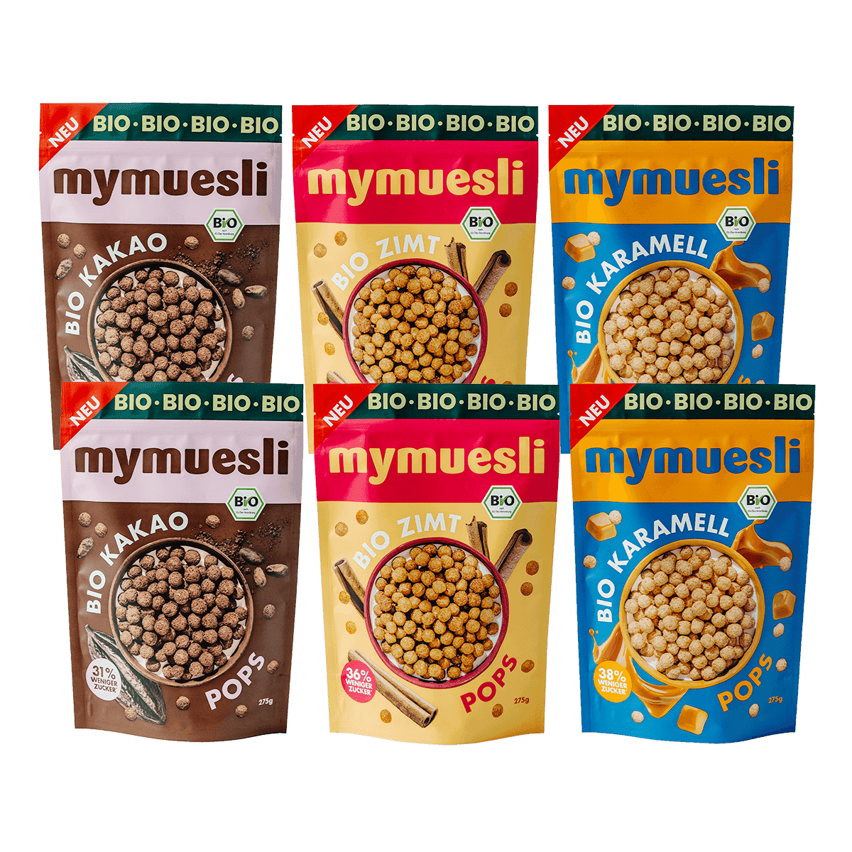 mymuesli 6er-Cereals Probierpaket mit einer Auswahl verschiedener Frühstücks-Cerealien.