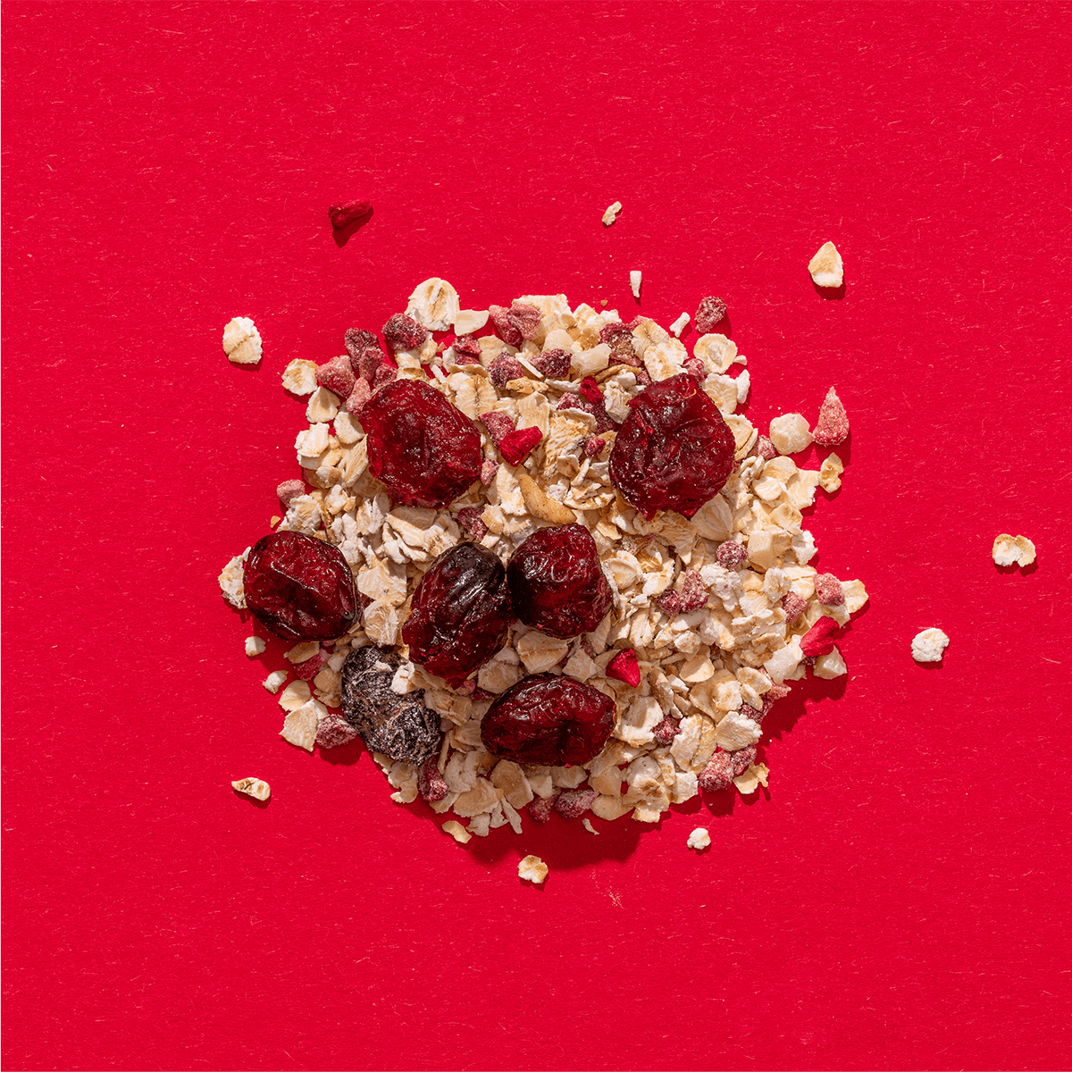Detailansicht der gefriergetrockneten Himbeeren und Kokosraspeln in der mymuesli Porridge-Sorte Raspberry Coconut Cherry.