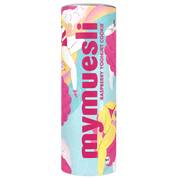Eine hellblaue mymuesli -Dose mit einem farbenfrohen, abstrakten Blumenmuster in Pink, Weiß und Gelb auf schwarzem Hintergrund.