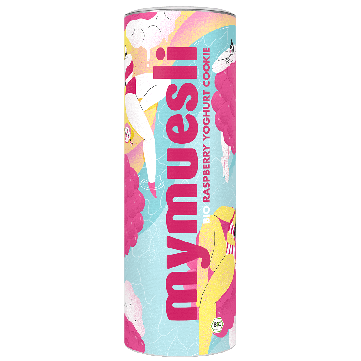 Eine hellblaue mymuesli -Dose mit einem farbenfrohen, abstrakten Blumenmuster in Pink, Weiß und Gelb auf schwarzem Hintergrund.
