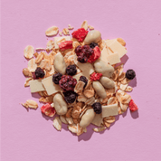 Eine Nahaufnahme einer Müsli-Mischung auf violettem Grund mit weißen Schokoladenstücken, gefriergetrockneten Beeren und Haferflocken.