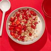 Eine Schüssel Low Sugar Berry Müsli mit Erdbeeren und Johannisbeeren