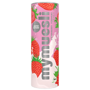 Eine weiße mymuesli -Dose mit großflächigen Erdbeer-Illustrationen und pinkfarbenem Deckel auf schwarzem Hintergrund.