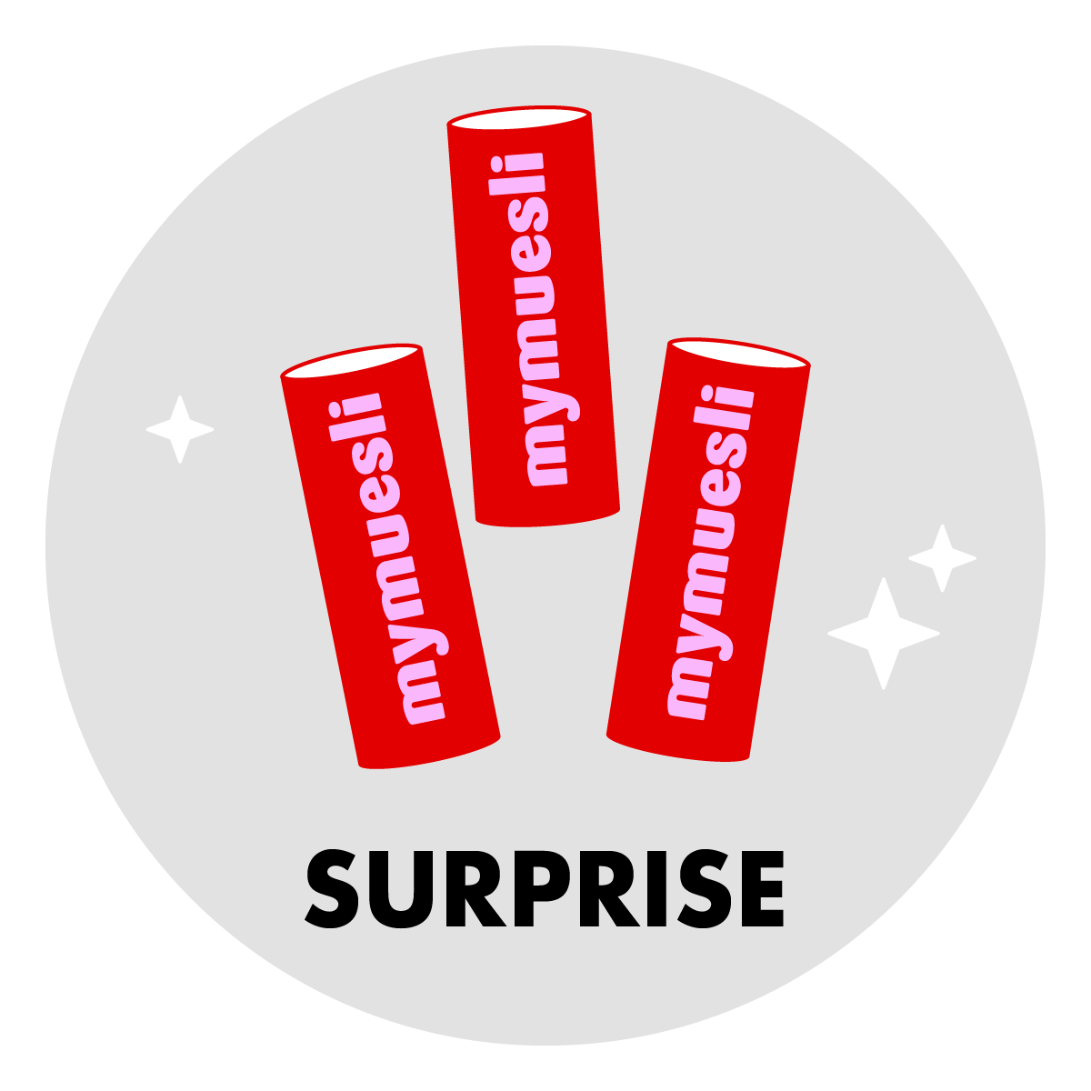 Eine runde Grafik mit drei roten mymuesli -Dosen und der Aufschrift „SURPRISE“ auf hellgrauem Grund.