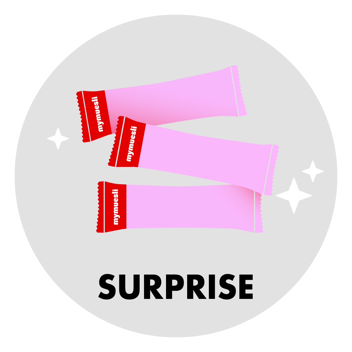 Eine runde Grafik mit drei rosafarbenen Riegeln und der Aufschrift „SURPRISE“ auf hellgrauem Grund.